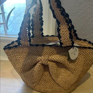 kate spade Straw Tote with Black Trim and Bow Detail